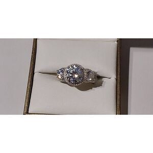 Gorgeous 9.4 Ct. Genuine Diamond Simulant Three Stone Halo Pave Wedding Ring #8